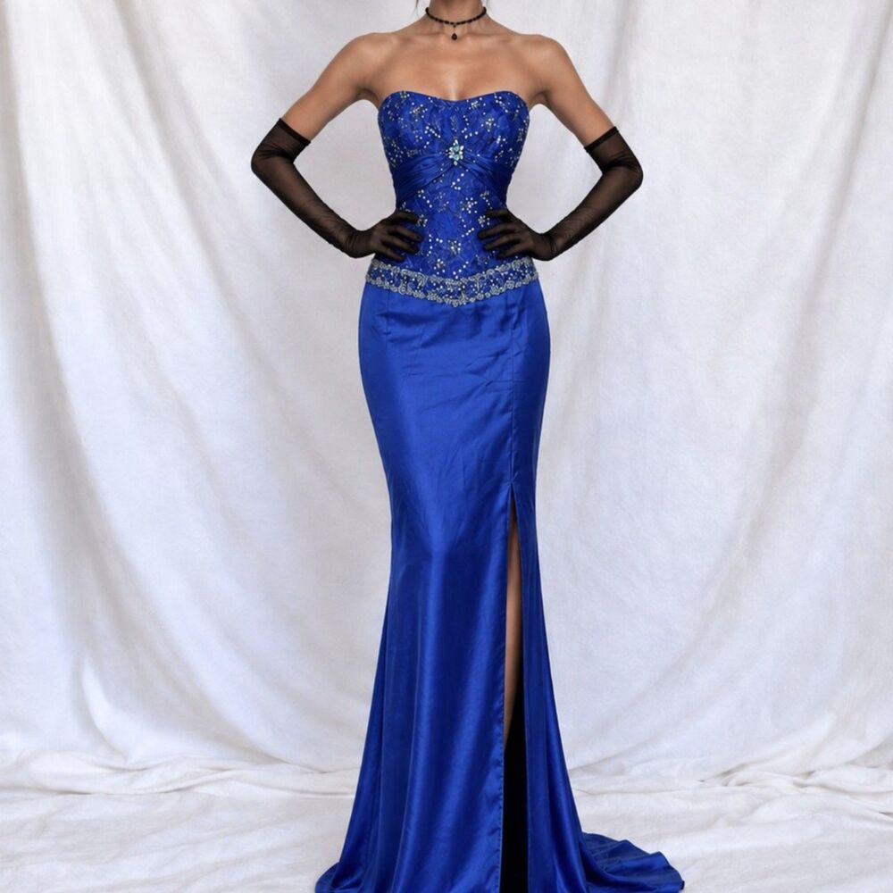 Vintage Y2K Blue Strapless Lace Beaded Side Slit Bodycon Maxi Prom Dress Size M